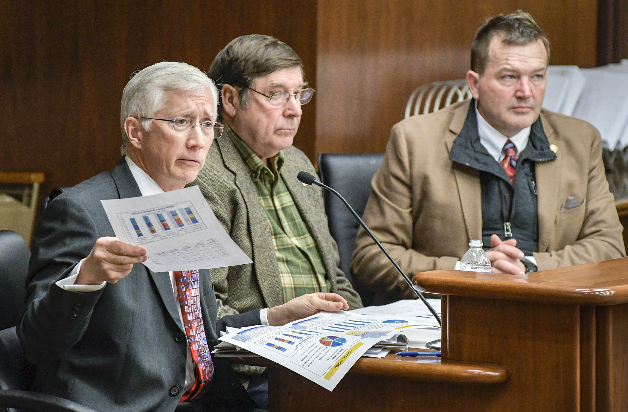 Lessard-Sams Outdoor Heritage Council Executive Director Mark Johnson, left, and member Barry Tilley, center, testify Feb. 5 during discussion of a funding bill sponsored by Rep. Leon Lillie, right. Photo by Andrew VonBank